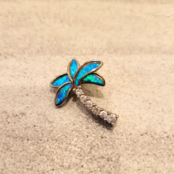 Silver Blue Opal Palm Tree Necklase 18" - Picture 4 of 5